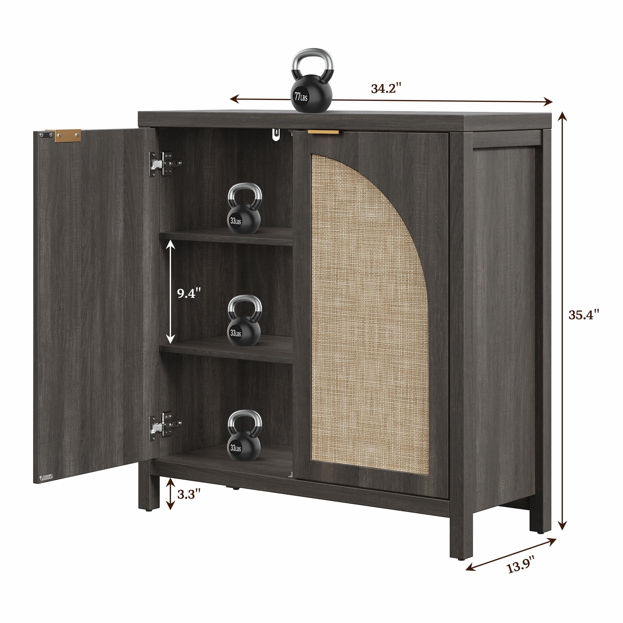 SICOTAS 34.2 Inch Wide Kitchen Pantry Cabinet Set of 2 with 2 Arch Rattan Doors, Adjustable Shelves, for Kitchen Storage, Freestanding Organizer Sideboard in Black Oak