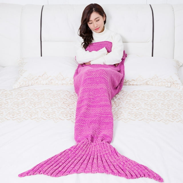 Couverture Queue de Sirène Douce Crochet Sac de Couchage Couverture pour Enfants Adultes, Rose Rouge 180*90cm