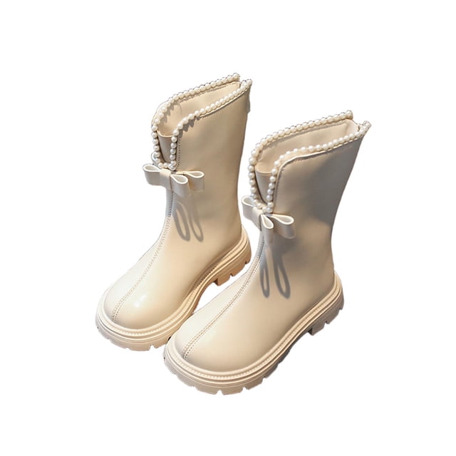Winter Clothes, HVOBTTY Girl's Mid Calf Boots, Solid Color Zipper Mid-calf Leather Boots Fashionable Student Boots for Little Girls Princess Boots Casual and Versatile with Lining Shoes White, 27