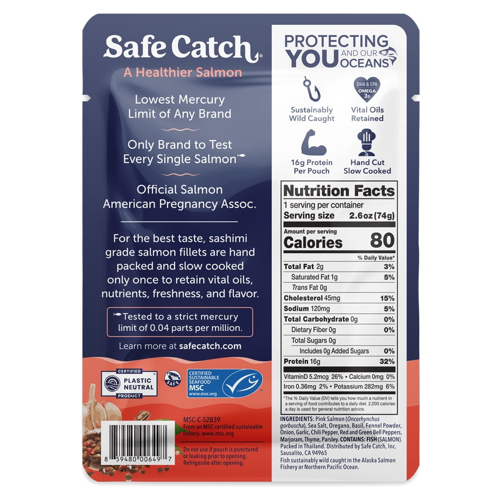 (6 pack) Safe Catch Italian Herb Wild Pacific Pink Salmon, Skinless & Boneless, 2.6 oz Pouch – Seasoned Salmon for Salads, Pasta, and Snacks