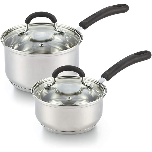 Cook N Home Saucepan Sauce Pot Set - 1QT and 2QT Pots with Lid, Professional Stainless Steel, Stay Cool Handle, silver