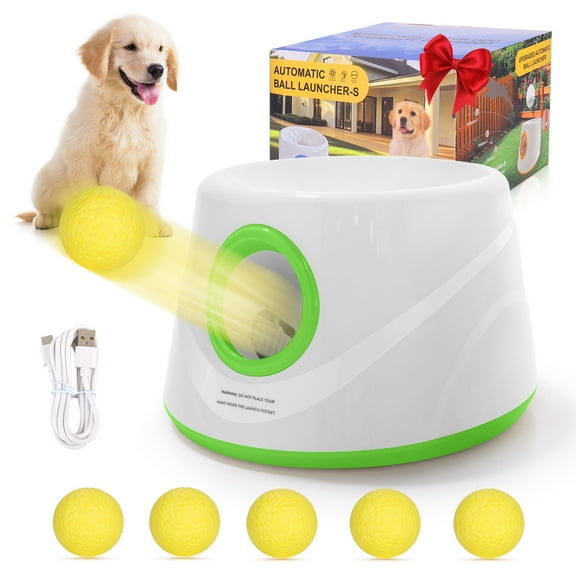 Eurhowing Automatic Ball Launcher for Dogs, Interactive Fetch Machine with 3-Level Distance(20-46ft) & 5 Balls, Dog Ball Thrower for Indoor & Outdoor Play, Green
