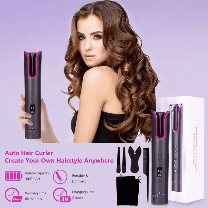2025 latest Portable Mini Rechargeable Wireless Curling Iron - Smart Auto Ceramic Hair Curler with LCD Temperature Display