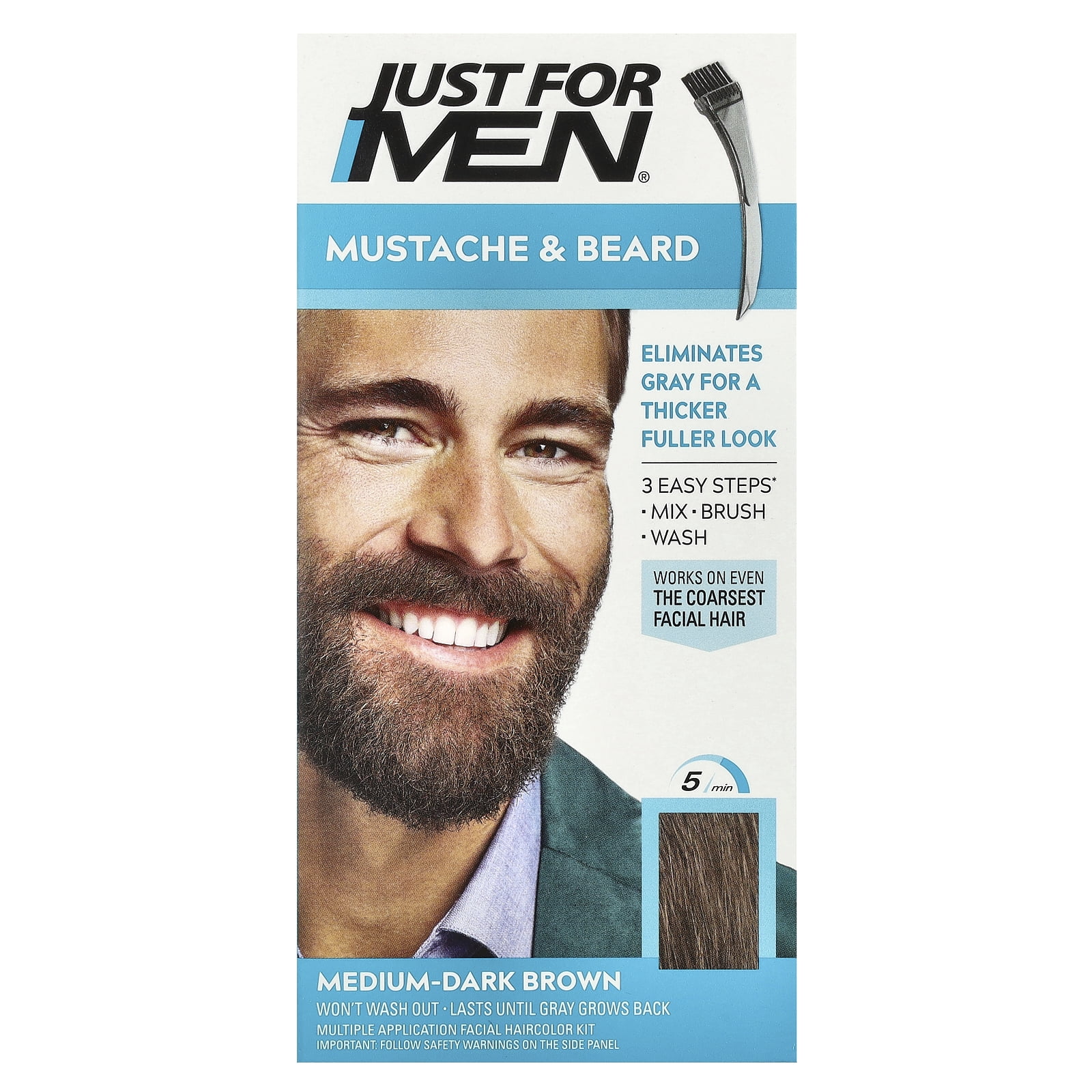 Just For Men Mustache & Beard, Beard Coloring for Gray Hair with Brush, With Keratin Biotin Aloe and Coconut Oil for Healthy Facial Hair - Medium-Dark Brown, M-40, Pack of 1 (Packaging May Vary)