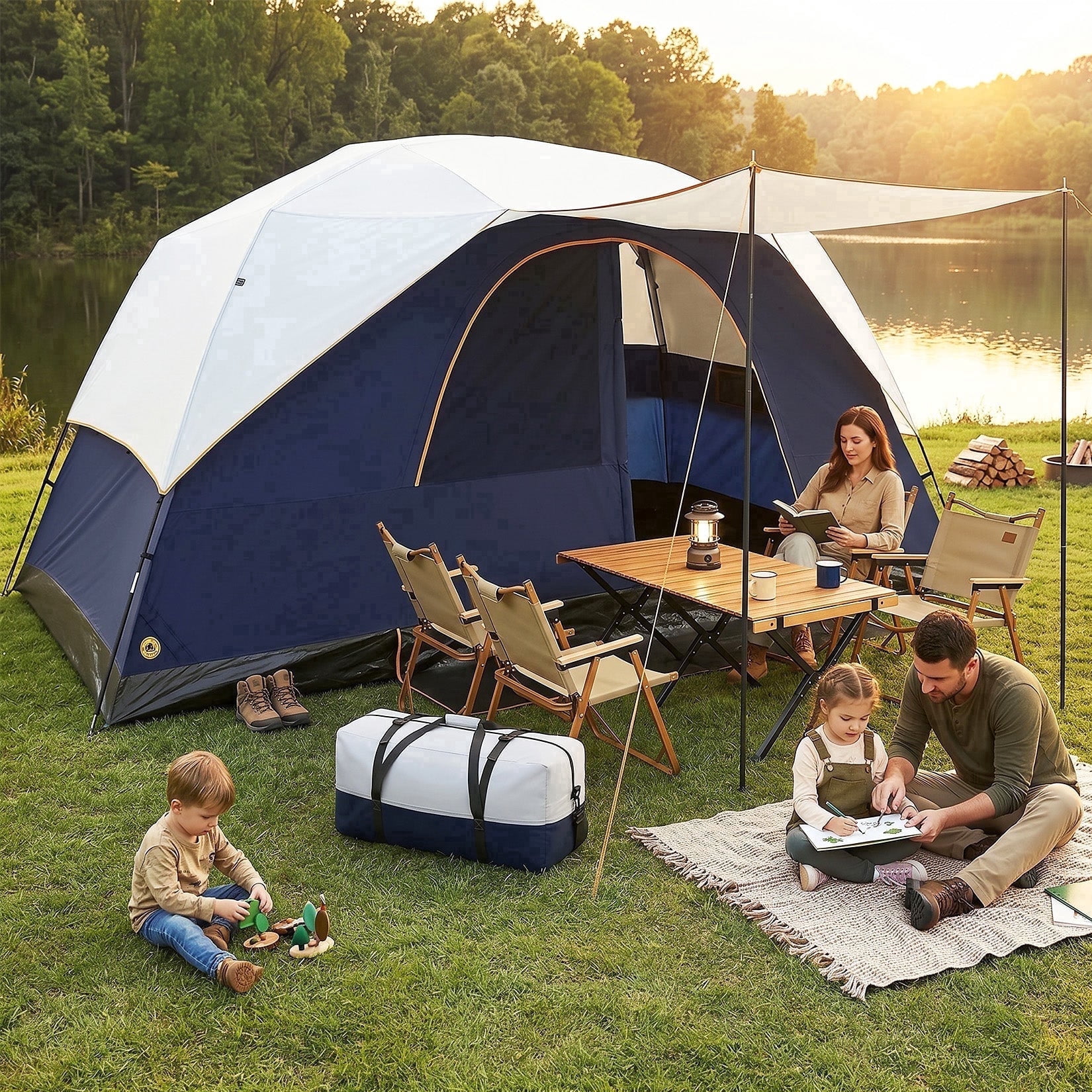 COBIZI 6-8-10 Person Camping Tent, Large Family Cabin Tent with Removable Rainfly, Mesh Roof for Stargazing, 84" Tall Center, Waterproof Design, Carry Bag, Darkblue