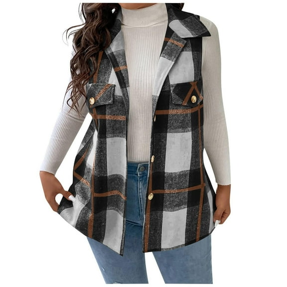 Hueook Sweater Vest Womens Fashionable Casual Sleeveless Button Lapel Fake Pocket Checkered Top Coat Black 2X
