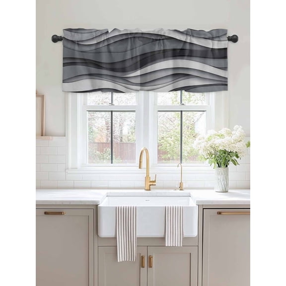 Kitchen Valances for Window, Black Grey White Abstract Waves Light Filtering Rod Pocket Valance Curtain, Gradient Shape Short Curtains Window Topper for Bedroom Bathroom Living Room 54x18in