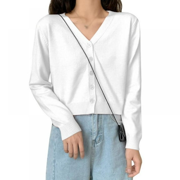 2021 SALE Girl Women's Solid Color Knit Cardigan Small Short V-neck Long Sleeve Thin Jacket Crop Top Outerwear,White