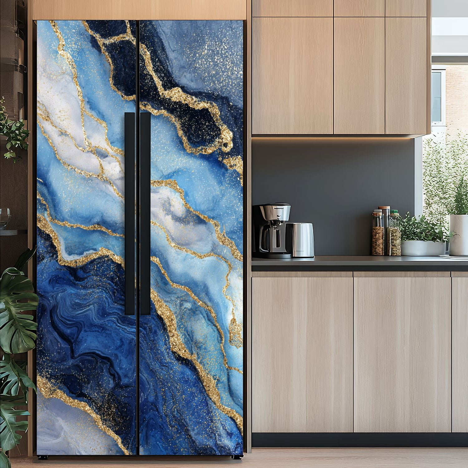 Self Adhesive Vinyl Refrigerator Wrap Set abstract white blue marble golden veins fake stone liquid Door Mural Removable Fridge Sticker Peel and Stick&nbsp;Full Door Cover Decal Kitchen Bar Decor