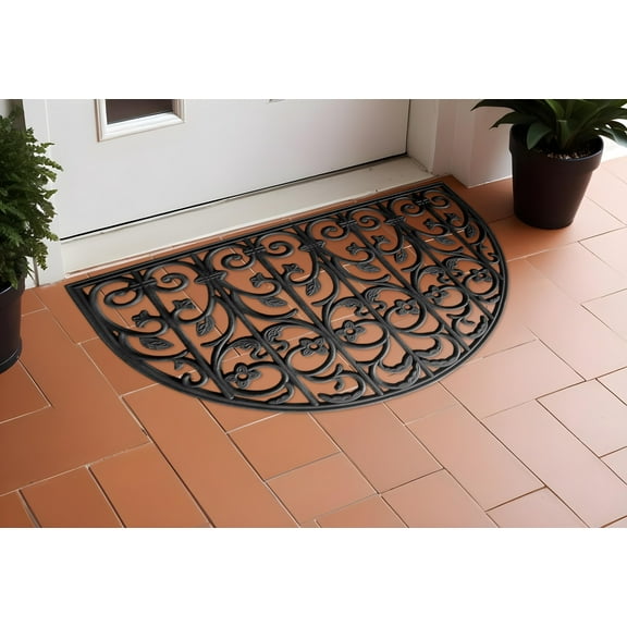 HomeRoots 555234 24 x 36 in. Black Rubber Scrollwork Outdoor Semi Circle Door Mat