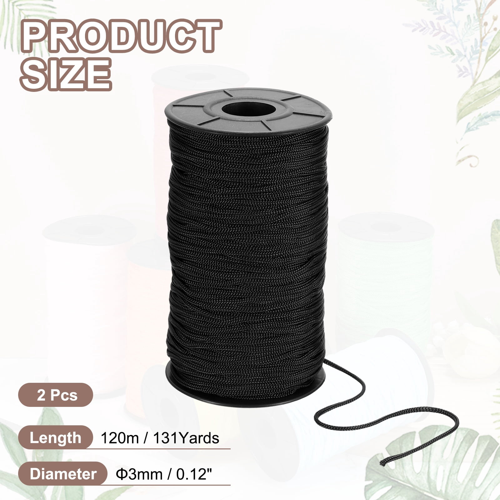 Uxcell 2 Pcs Polyester Macrame Cord, 3mm x 131 Yards Polypropylene Crochet Braided Rope Macrame Yarn for Wall Hangings Bag Craft Knitting, Black
