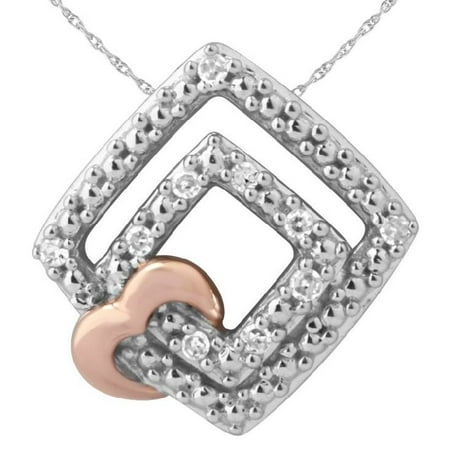 Diamond Double Square Pendant with Interlocking Heart in Sterling Silver and 14 Karat Rose Gold