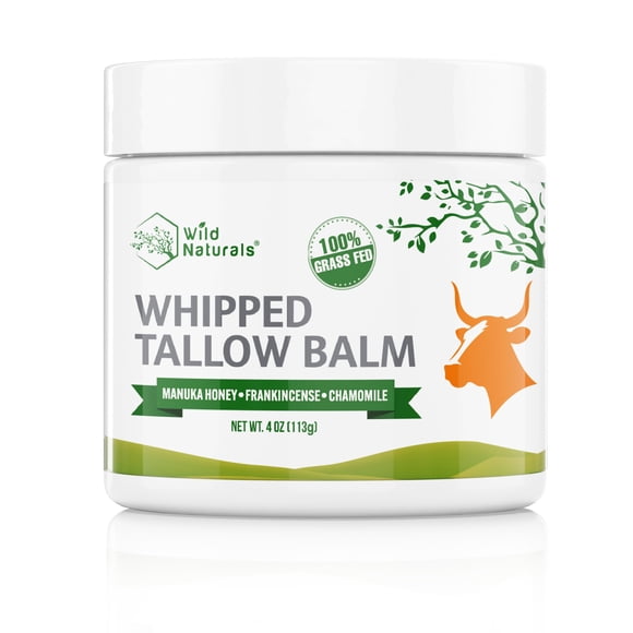 Wild Naturals Baume au Suif Fouetté, Baume au Suif de Bœuf Nourri à l'Herbe 100 % et au Miel pour le Visage et le Corps, Hydratant pour le Visage Non Parfumé, Anti-âge et Soulagement de la Peau Sèche, Non Gras, Tout Naturel, 4 Oz