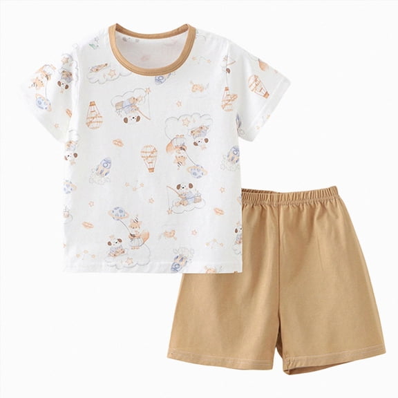 NIEWTR 2T 3T 4T Kids Pajamas Set for Girl Boy Short Sleeve Round Neck Tee Stretchy Shorts Breathable Pajamas Gift Set Summer Loungewear(A-Coffee,3-4 Years)