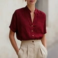 thumbnail image 3 of Linen Shirts for Women Short Sleeve Band Collar V Neck Button Up Summer Blouses Business Casual Office Work Shirts, 3 of 5