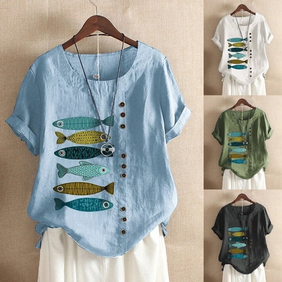 QHWAUAKFBN T Shirts For Women Trendy Boho Fish Print Loose Blouse Short Sleeve Shirt Button Tshirts Top