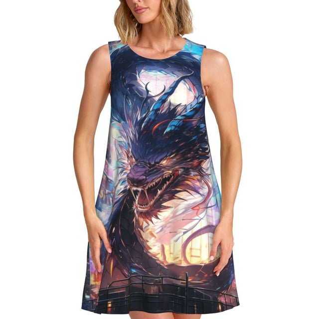 Fotbe Urban Style Colorful Dragon Vestido de Verano sin Mangas para Mujer – Vestido Midi Línea A, Estilo Camiseta Floral, Vestido Playero Casual y Fluido