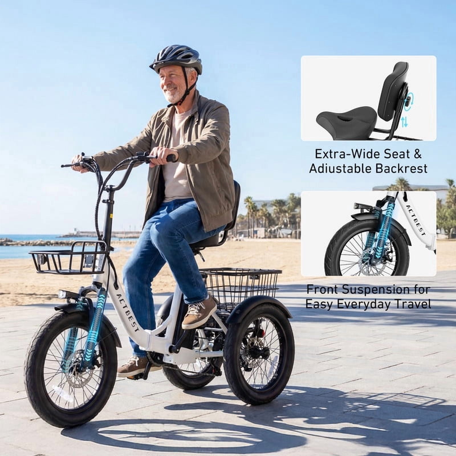 ACTBEST Electric Tricycle for Adults, 18"x3.0" Fat Tire 3-Wheel Electric Bike, 350W(Peak 1200W) Motor 48V 10.4Ah Battery, Folding E-Trike Up to 18Mph (Black) with Mirror & Phone Bag