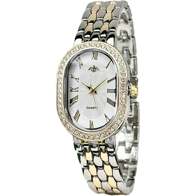 Women Vintage Gold Rome Watch Oval Case Adjustable Stainless Steel Watch Band Waterproof Analog Quartz Watch,Two-Tone