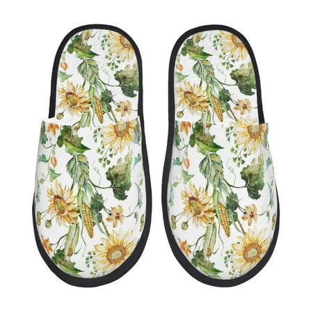 Balery Watercolor Bright Sunflowers Slient Indoor Furry Fleece Comfort House Shoes Soft Non-Slip Home Shoes Cotton slippers House Slippers-- Large