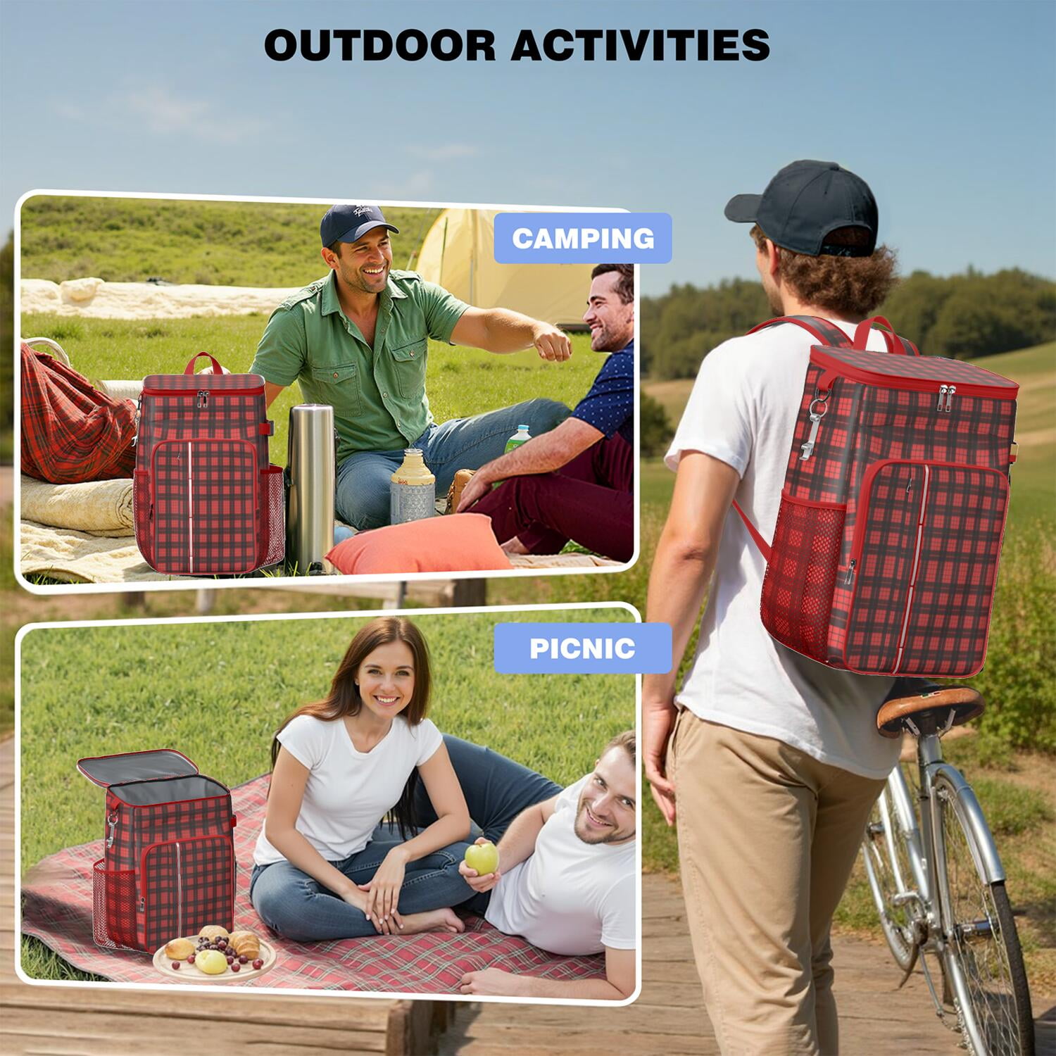 Travel Cooler Bag - Red and Black Christmas Plaid Pattern Camping Beer Cooler Backpack with Bottle Opener- Waterproof Insulated Picnic Backpacks - Cooler Bag for Beach