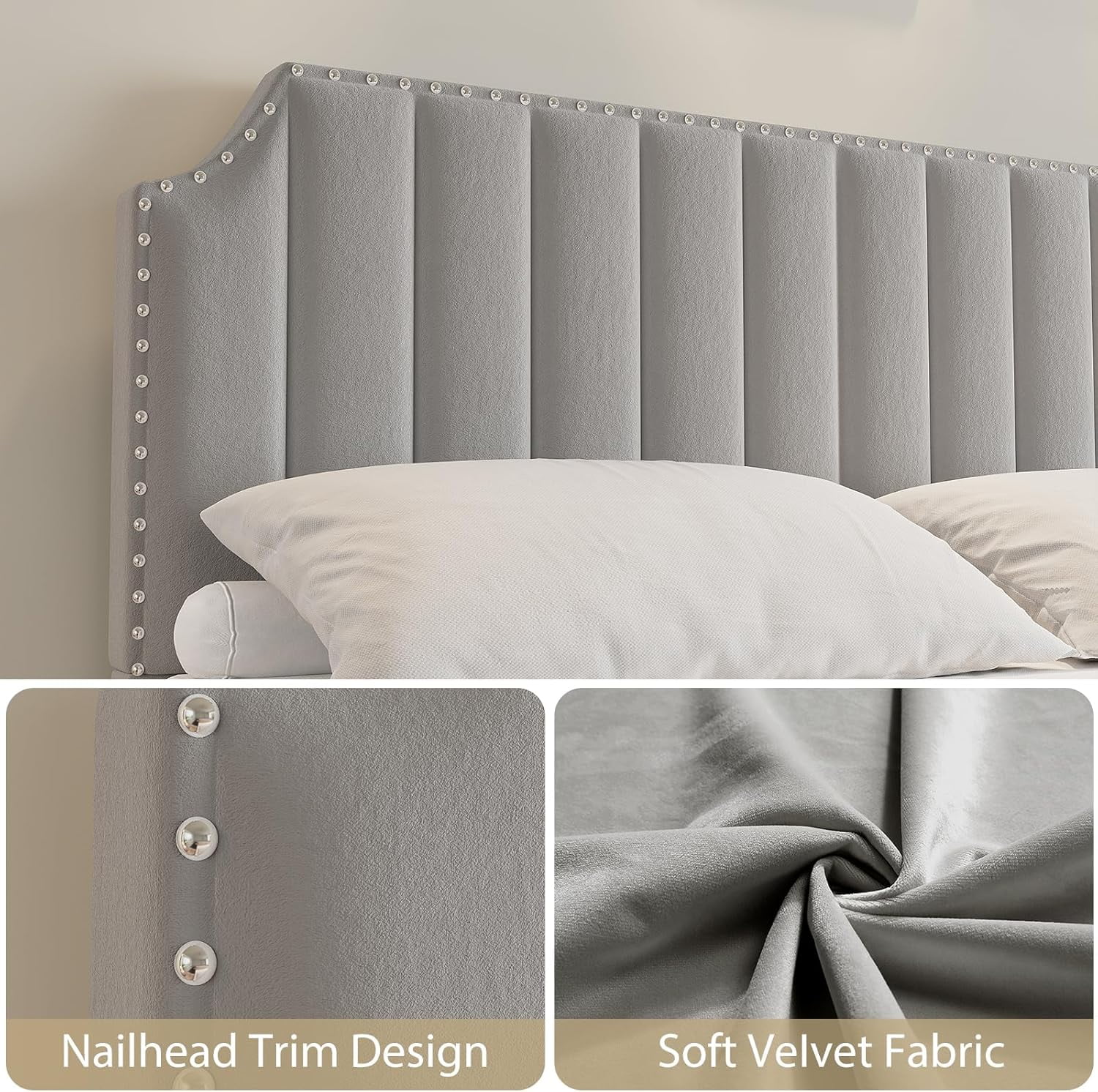 YUSAZENS King Size Velvet Bed Frame with 50.2" Tufted Headboard & Footboard, Nailhead Trim, No Box Spring Needed, Noise-Free, Grey