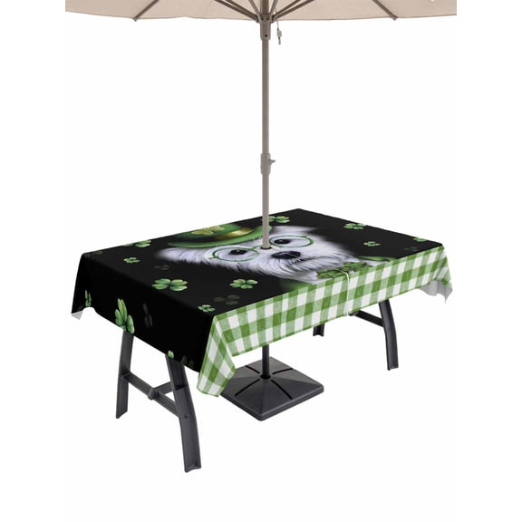 St. Patrick's Day Outdoor Tablecloth - 54x80 Inch Rectangle Dining Table Cover, Lucky Shamrock Cute Puppy Hat Green Plaid Waterproof Outdoor Table Cloth with Umbrella Hole & Zipper for Picnic/Patio