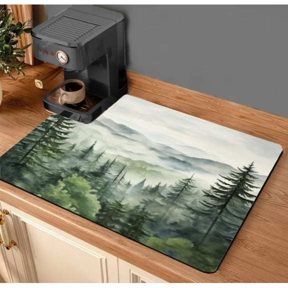 Coffee Bar Mat Misty Mountain Forest Coffee Mat Non-Slip Espresso Machine Mat Coffee Bar Decor Mat for Counter Protector, Rustic Kitchen Gift, Cottage Cabin