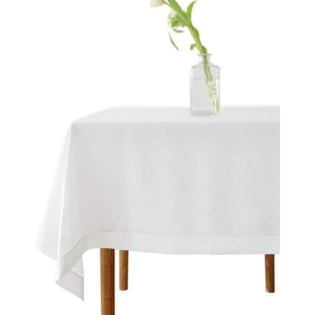 

White Linen Handmade Hemstitched Tablecloth Rectangular Table Cloth - 90” x 144”