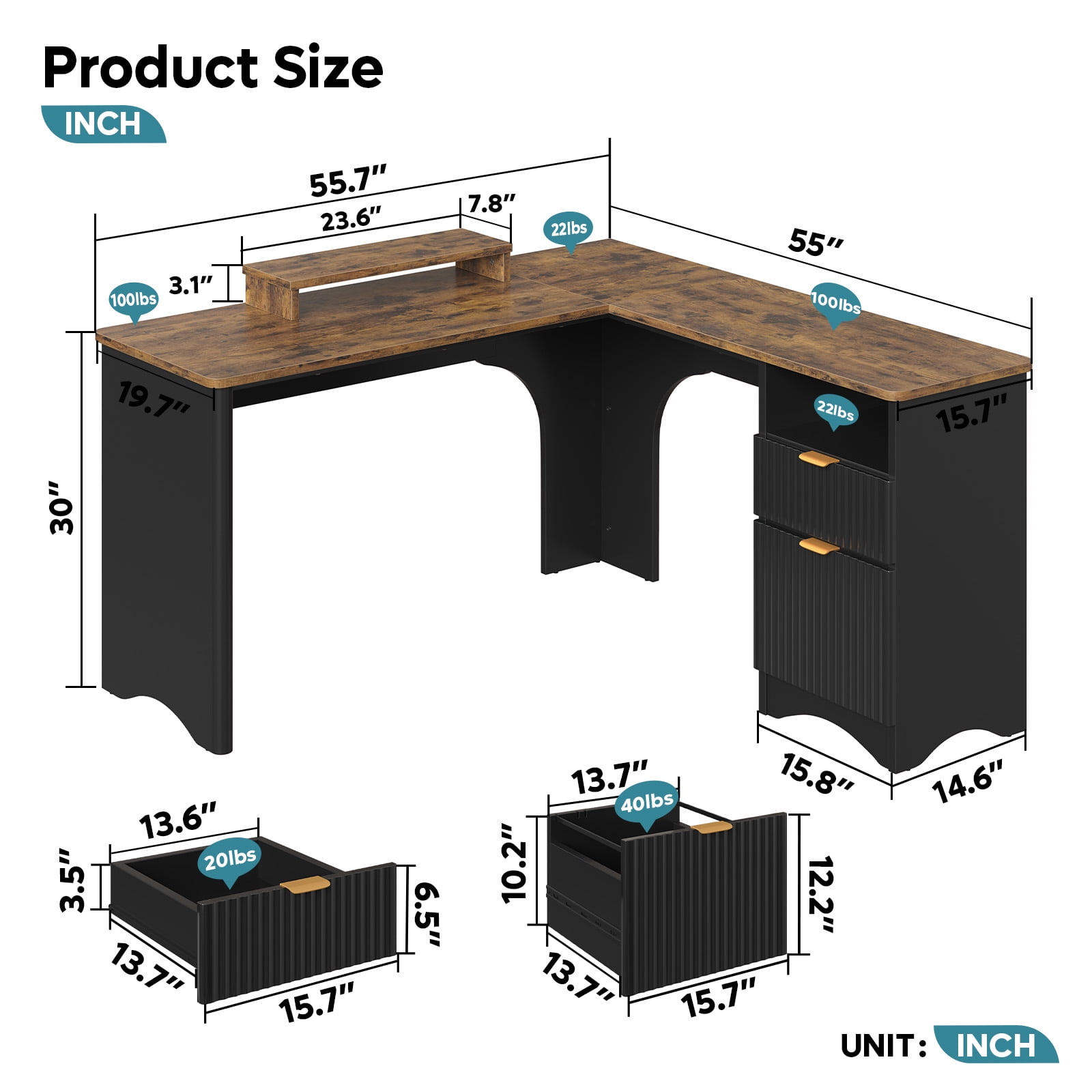 Bestier L Shaped Desk with Drawers, 55.7" x 55" Office Computer Desk with Round Corners, Monitor Stand & Fluted Panels, Black & Rustic Brown