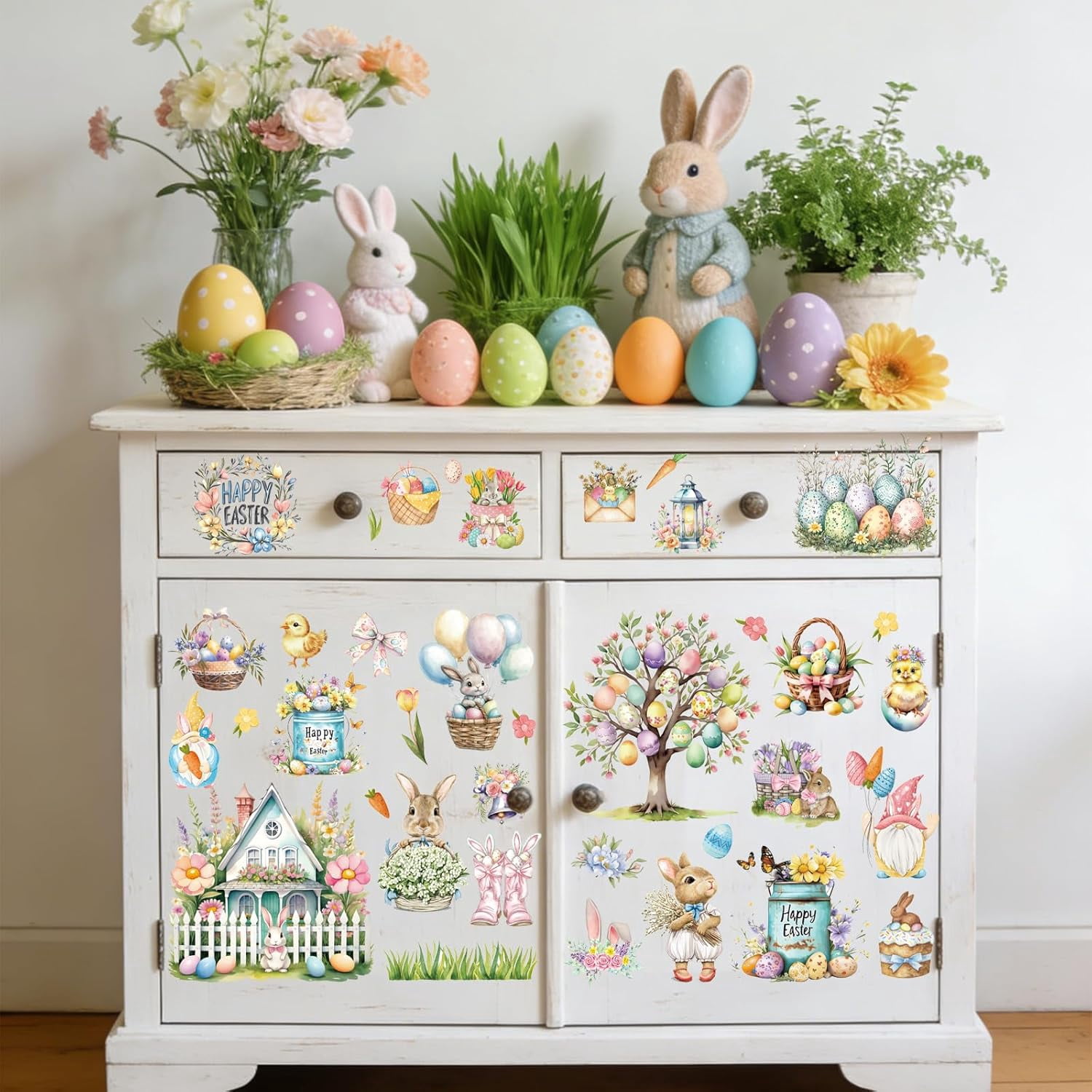 Easter Rub on Transfers for Crafts - 12 Pcs Easter Bunny Rub on Transfers for Furniture Vintage Flower Rabbit Transfer Decals for Wood DIY Glass Home Decor 5.9x5.9 Inch