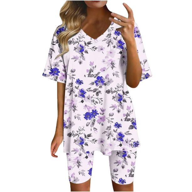 Blusas para las Mujeres Casual Impreso Cuello en V Manga Corta Blusa Pantalones Cortos, Conjuntos de Ropa para las Mujeres
