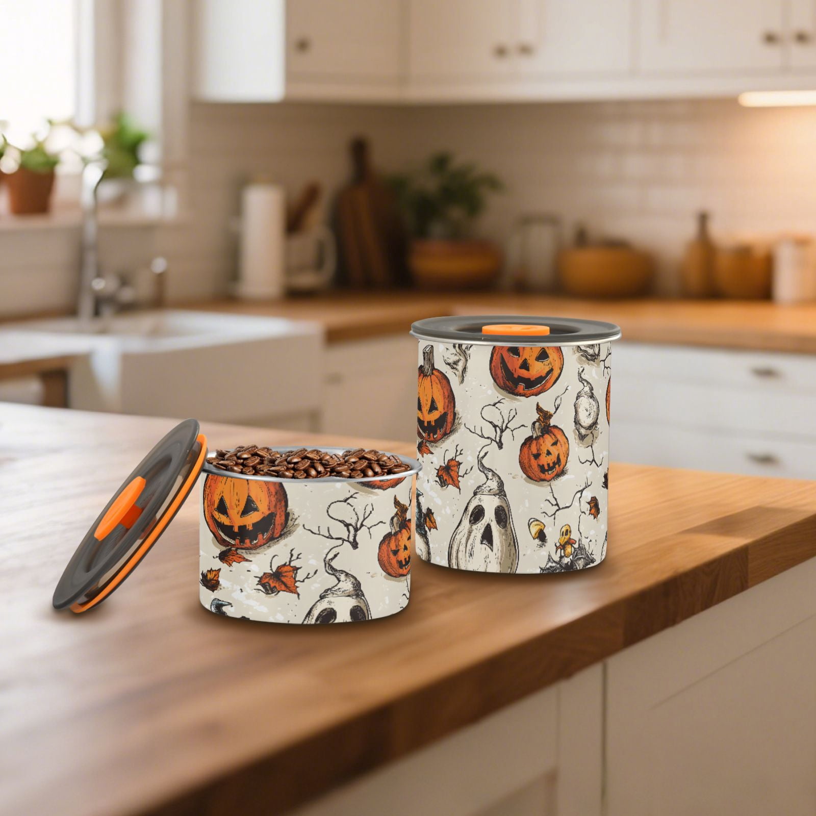Halloween Pumpkin Skull Airtight Coffee Bean Canister 30oz Food Storage Containers with Lids For Gournd, Tea, Sugar, Flour, Rice, Cereal, Candy Cookie Jar