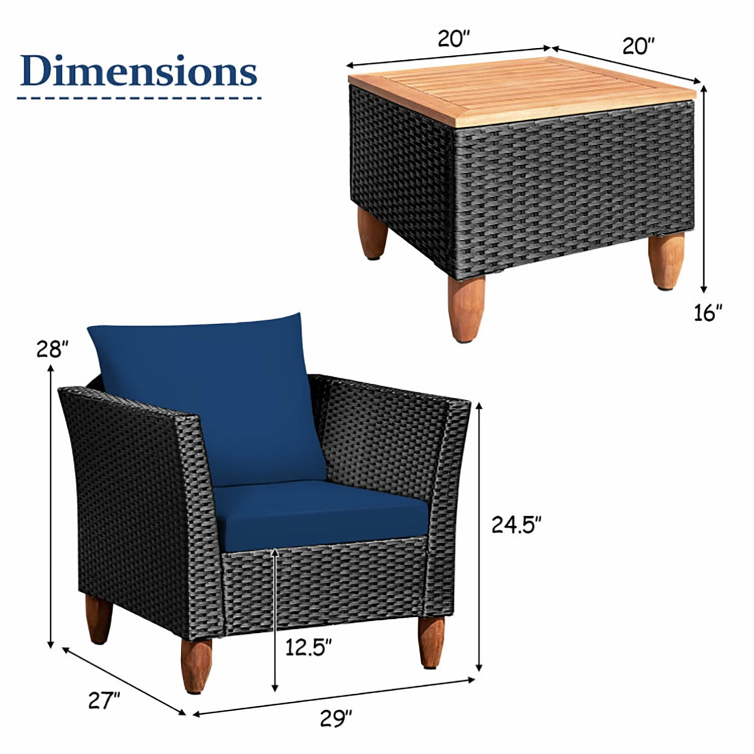 Aimee Lii 3 Pieces Outdoor Patio Rattan Furniture Set with Coffee Table, Modern Patio Furniture, Navy