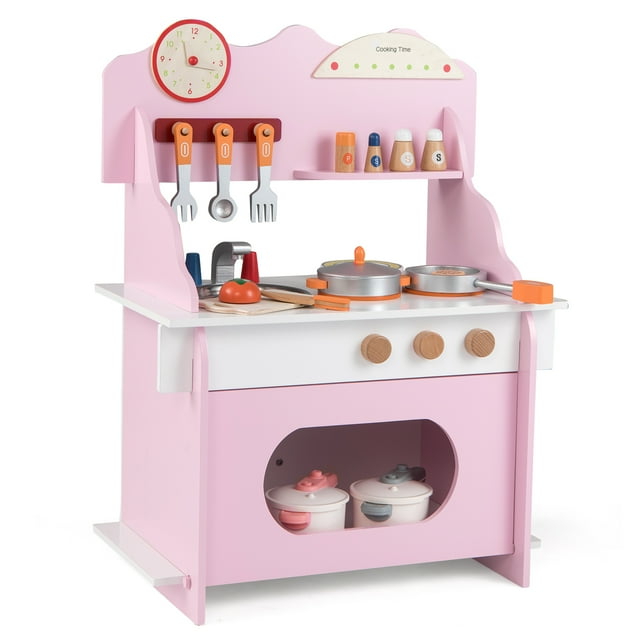 Gymax Pretend Play Toy Kitchen Set w/Clock Stove Spice Rack Faucet & Sink & Oven Pink & White