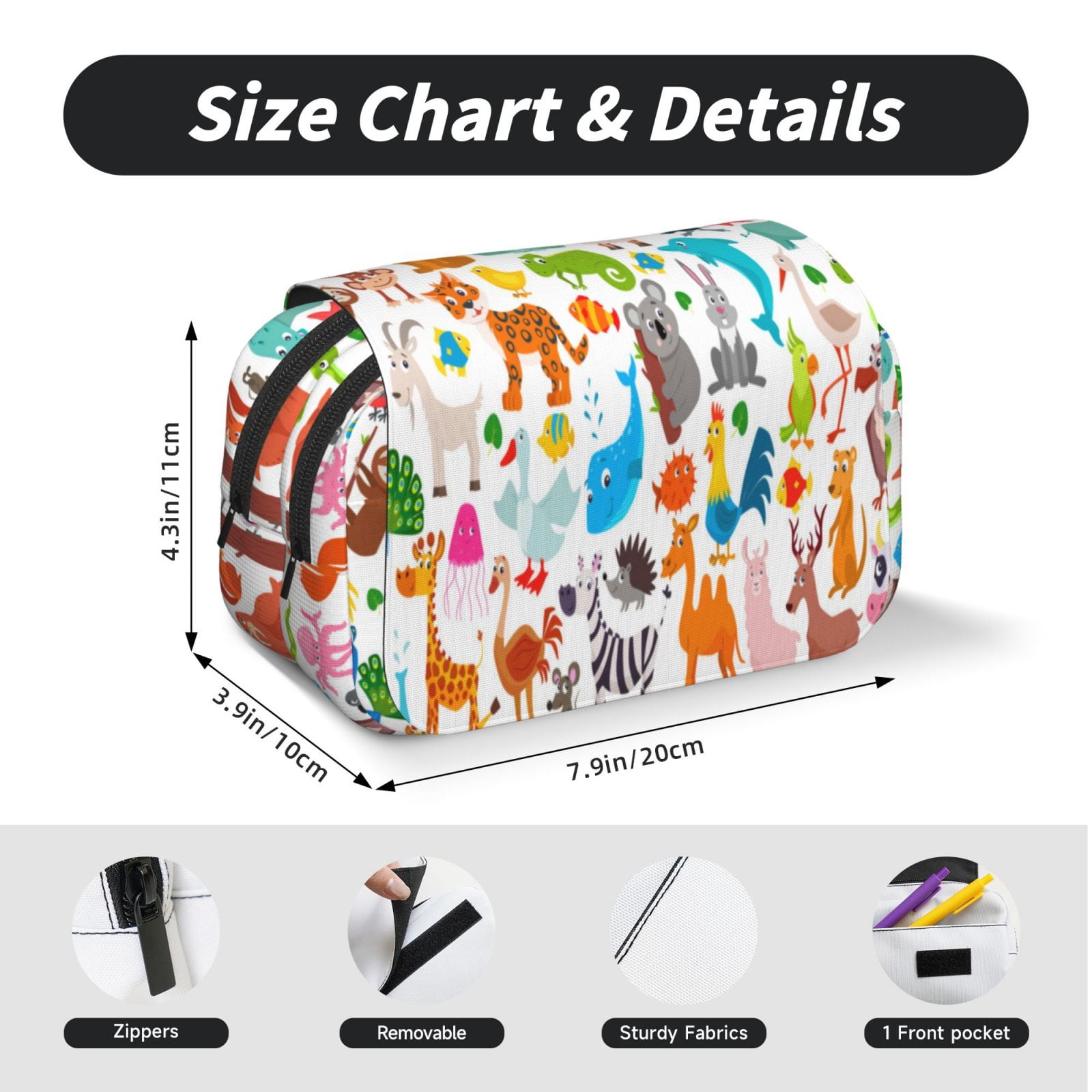 Rateoe Animals Pattern Double Clamshell Pen Case, Storage Organizer with Two Zipper Compartments– Holds Up to 50 Pencils & Pens