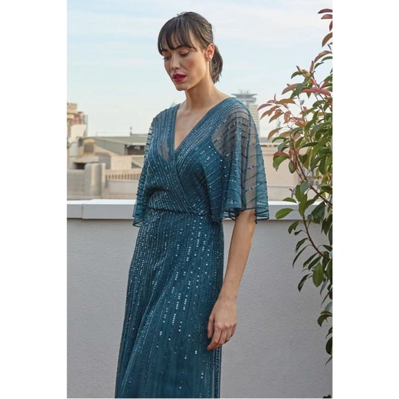 Terani Couture 251m4613 Stunning V Neck Sequin Long A Line Dress Petrol 0