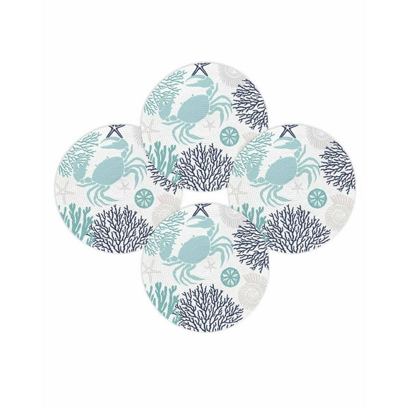 Round Placemats Set of 4 Teal Crab Place Mats Washable Woven Placemat Coral Starfish Shell Circle Braided Table Mat for Kitchen Dining Table Party Home Decor 15 Inch