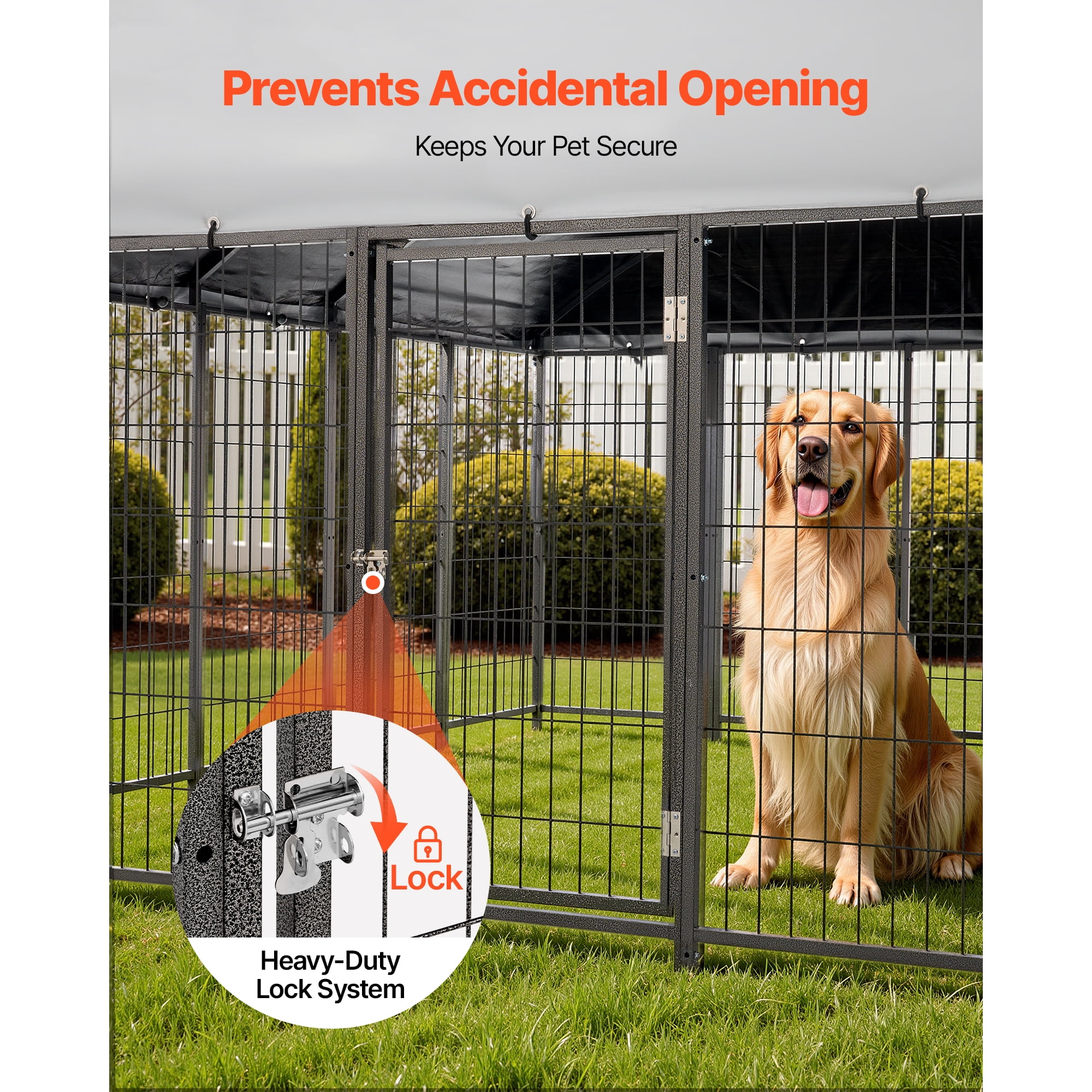 KFFKFF Outdoor Dog Kennel, 9.8 x 9.8 x 5.4 ft Spacious Pet Enclosure with Secure Lock, Durable Dog Cage with UV-Resistant and Waterproof Roof Cover, Sturdy Outdoor Run for Large Pets