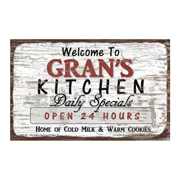 Deluxe Wood Magnet, 5x8 Inches, Welcome to Gran's Kitchen - Daily Specials, Open 24 Hours, Home of Cold Milk and Warm Cookies - Magnetic Hardboard Sign with Saying for Grandma, Vintage Style Decor