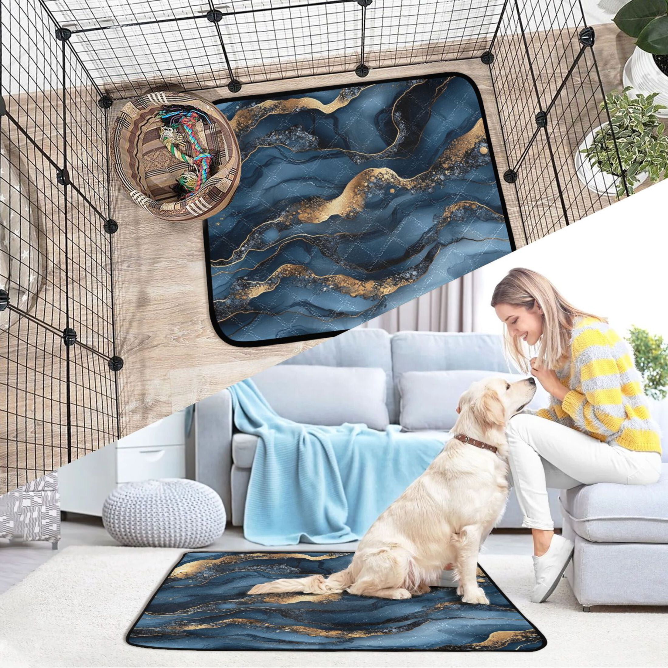 Qxltty Dark Blue Gilt Marbles Cat litter Pads Pet Set of 3 Diaper Mats Center Anti-leakage Layer Absorbent Soft and Comfortable