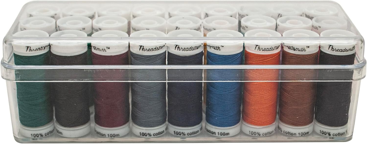 Threadsmith 50 WT Cotton Thread Set – 27 Spools, 100 Meters Each – 3-Ply Mercerized Egyptian Cotton – Premium Sewing Thread in Reusable Box