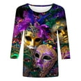 thumbnail image 4 of Cavosen Mardi Gras Womens Shirts Three Quarter Sleeve Holiday Carnival Crewneck Blouse Mask Graphic Print Tops Festival Trendy Shirts Casual Athletic T-Shirts Party Shrove Tuesday L, 4 of 5