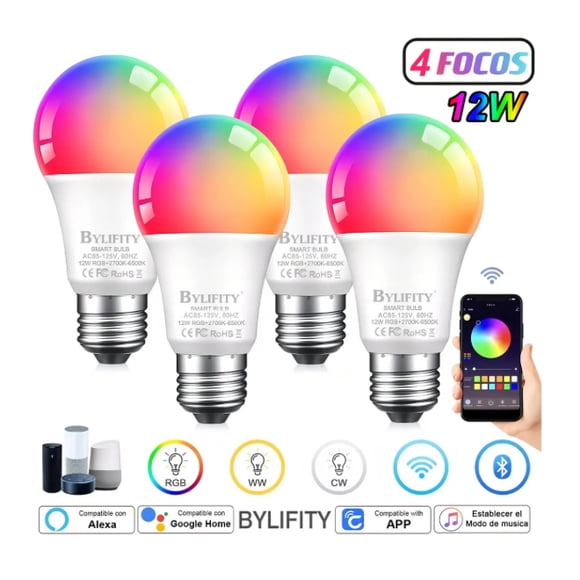 Foco LED Inteligente Wi-Fi RGB Bylifity 12W E27 Alexa Control Voz 4 Pack