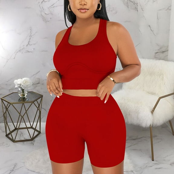 Summer Matching Sets For Women Clothing Solid Color U-Neck Tank And Short Sports Casual Spring/Summer Matching Outfits 2026 — Red∣2XL