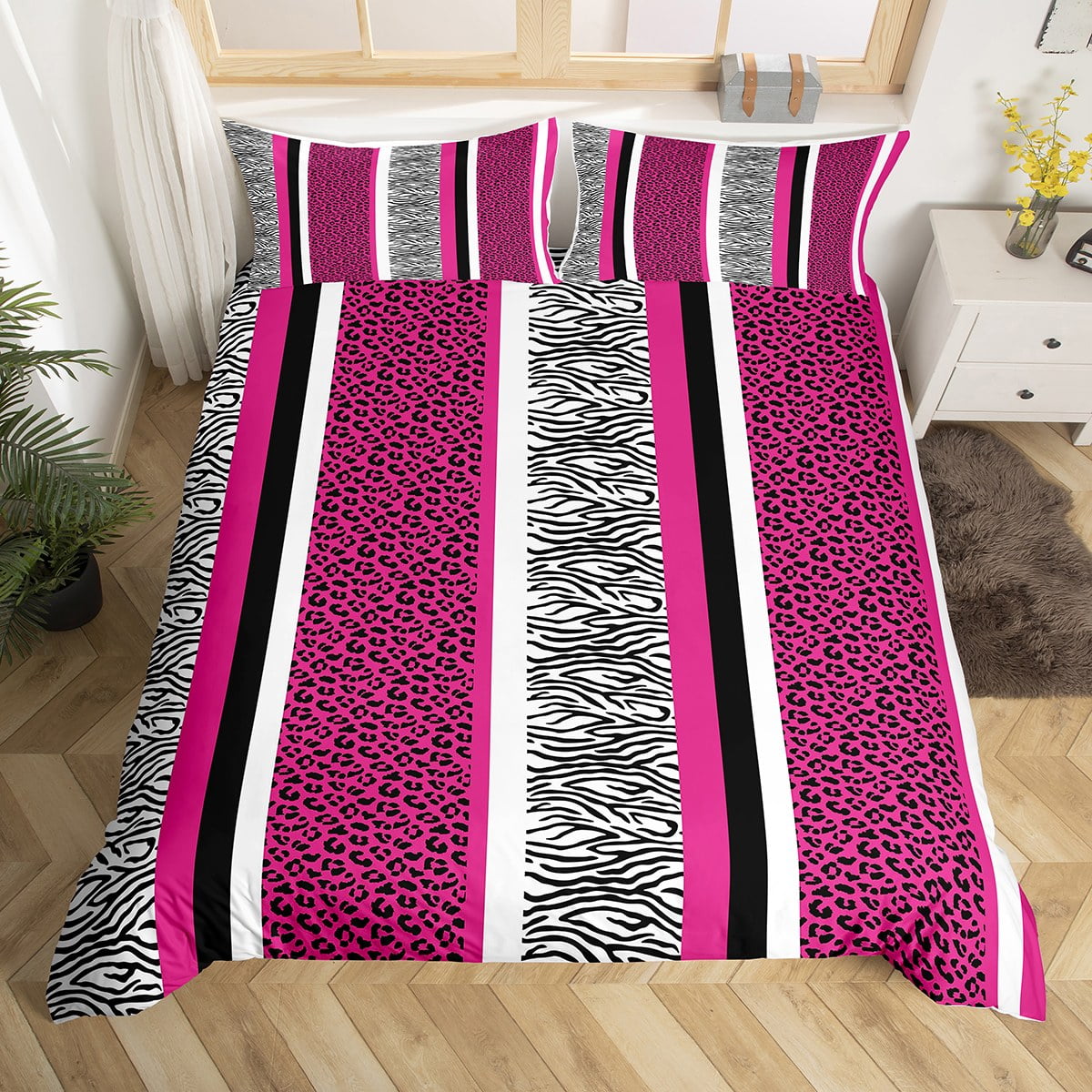 YST Girls Pink Cheetah Print Duvet Cover Twin Women Leopard Bedding Set Black White Zebra