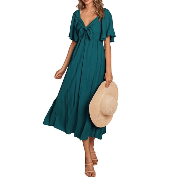 Summer Dress for Women Womens Spring Dresses 2026 Casual Short Sleeve V Neck Drawstring Wedding Guest Maxi Dresses Boho Beach Long Dress
