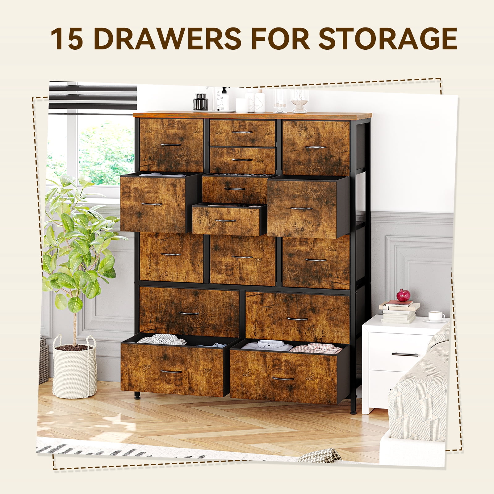Towallmark 48" H Tall Dresser with 15 Drawers Dressers for Bedroom Fabric Storage Dresser & Chest of Drawers(Brown)