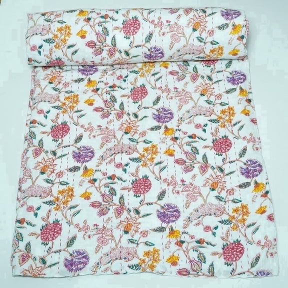 Ozark Textile Handmade White & Blue Floral Block Print Kantha Quilt Pure Cotton Indian Bedspread, Soft Hand-Stitched for Bedroom Decor