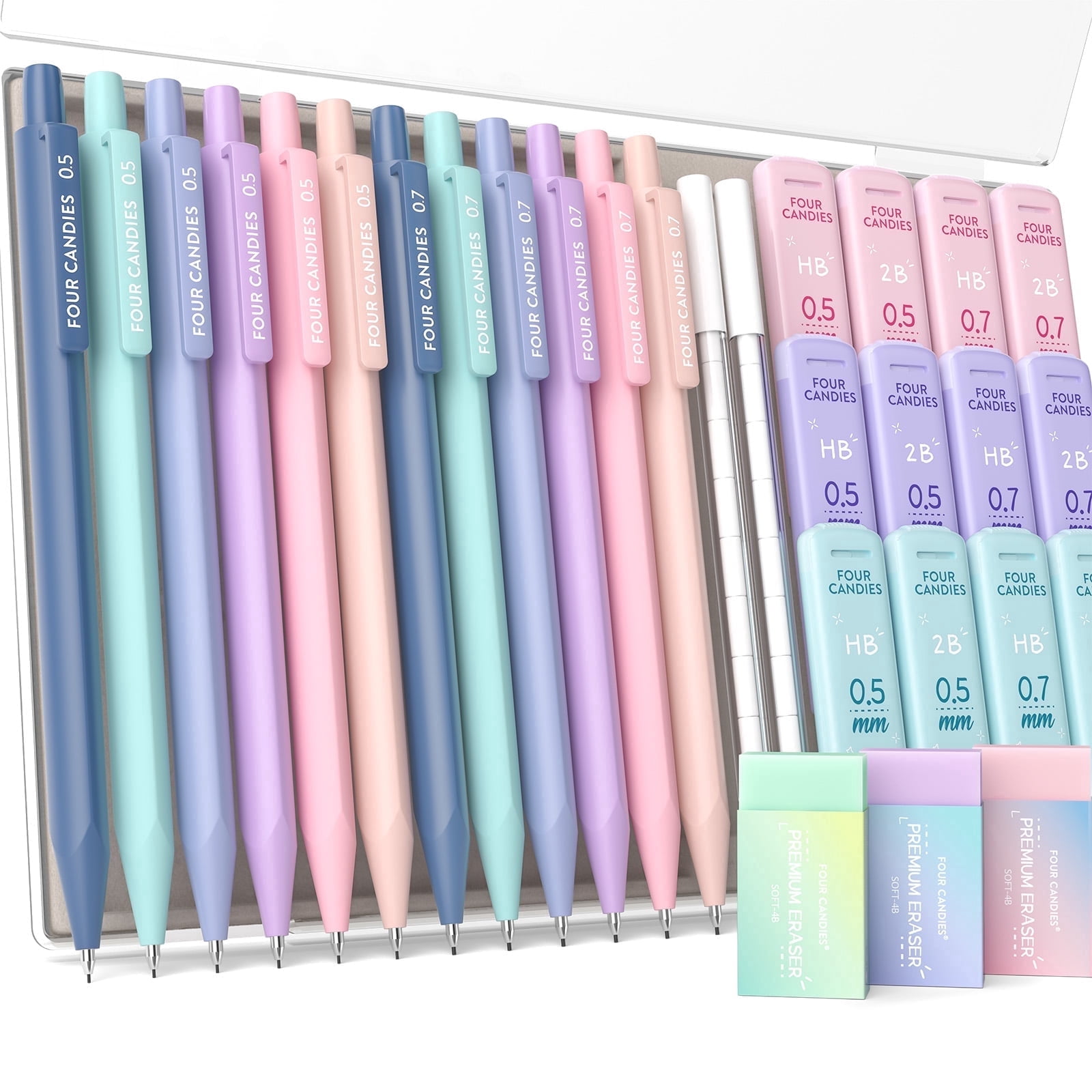 Four Candies Mechanical Pencils Set, with 0.5 & 0.7mm Lead Refills
